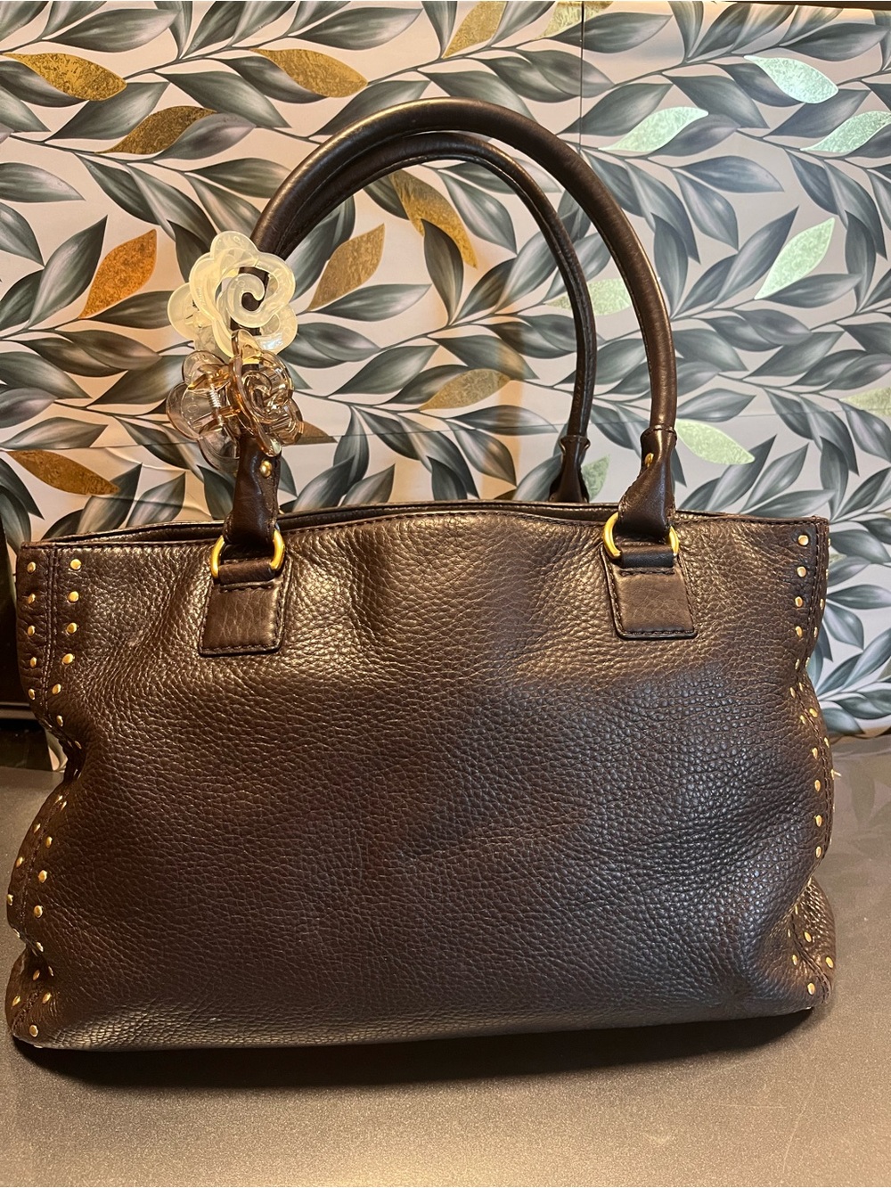 Michael Kors Dark Brown Pebbled Leather Satchel with Gold Accents
